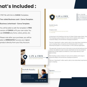 May include: A digital download for a business letterhead template. The template features a blue and gold color scheme with a star and the text "LAW & FIRM" in a bold font. The template is designed for use with Canva.