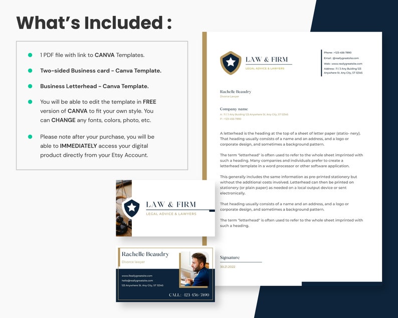 May include: A digital download for a business letterhead template. The template features a blue and gold color scheme with a star and the text "LAW & FIRM" in a bold font. The template is designed for use with Canva.