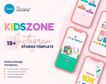 May include: A set of 18 Instagram story templates for kids. The templates feature bright colors, playful fonts, and fun graphics. The text "KIDSZONE" is featured in a large, colorful font. The text "18+ Instagram Stories Template" is also featured in the image.