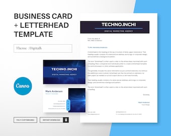 May include: A blue and white business card template with the text "Techno.Inchi" and "Digital Marketing Agency". The template is designed with a digital, abstract background. The card also includes a letterhead template with the text "Techno.Inchi" and "Digital Marketing Agency".