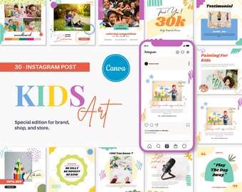 May include: A collection of 30 colorful Instagram post templates for kids art. The templates feature a variety of designs, including abstract shapes, paintbrushes, and children's artwork. The text "KIDS Art" is featured in a colorful font. The text "Special edition for brand, shop, and store." is also included.