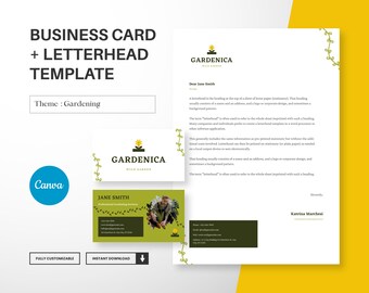 May include: A customizable business card and letterhead template with a gardening theme. The template features a green and yellow logo with a flower and the text "GARDENICA WILD GARDEN". The business card has a photo of a person gardening and the text "JANE SMITH Professional Gardening Services". The letterhead has the text "GARDENICA WILD GARDEN" at the top and the text "Dear Jane Smith" below it.