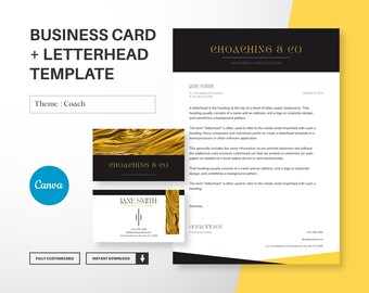 May include: A black and gold business card and letterhead template with the text "CHOACHING & CO" and a gold abstract background. The template is fully customizable and includes an instant download option.