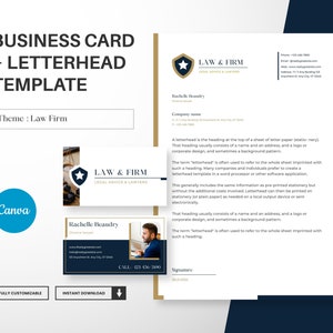 Modello di biglietto da visita e carta intestata per avvocato, design moderno di biglietti, carta intestata A4 modificabile Canva, kit di branding, download istantaneo