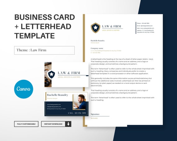 Business Card & Letterhead Template for Lawyer, Attorney, Modern Card Design, A4 Letterhead Editable Canva, Branding Kit, Instant Download