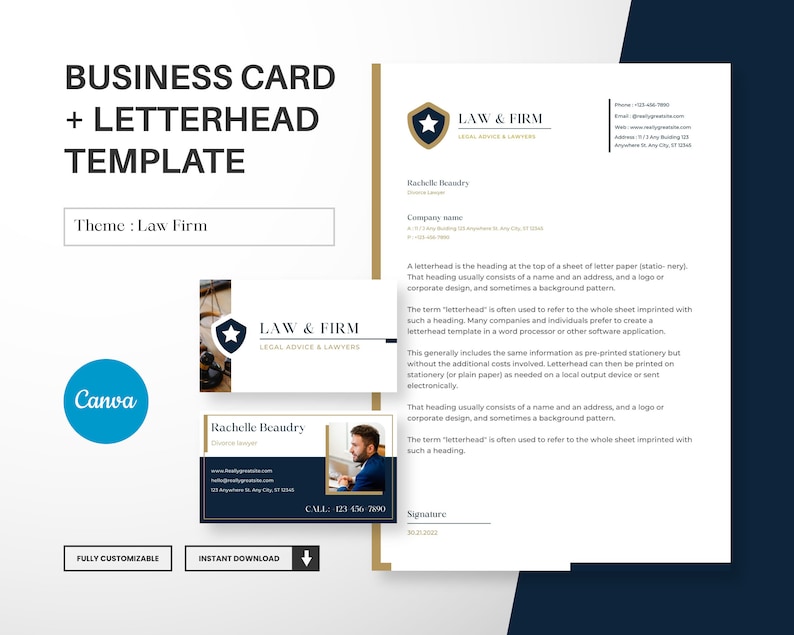 May include: A blue and gold business card and letterhead template for a law firm. The template features a star, a scale of justice, and the text "LAW & FIRM".