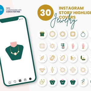 May include: 30 Instagram story highlight covers featuring jewelry icons in gold and green on a white background. The icons include rings, necklaces, earrings, bracelets, watches, and diamonds.