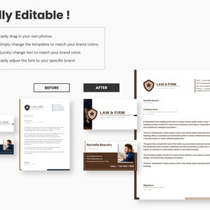 May include: A before and after image showing how to customize a law firm branding package. The package includes a business card, letterhead, and a website banner. The before image shows a blue and gold color scheme, while the after image shows a brown and gold color scheme. The text on the branding package includes the name "Law & Firm" and the tagline "Legal Advice & Lawyers".