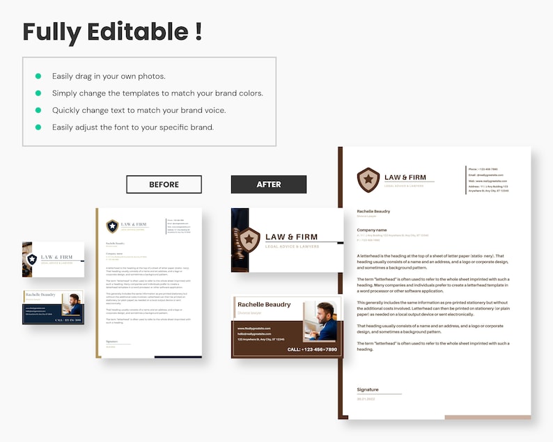 May include: A before and after image showing how to customize a law firm branding package. The package includes a business card, letterhead, and a website banner. The before image shows a blue and gold color scheme, while the after image shows a brown and gold color scheme. The text on the branding package includes the name "Law & Firm" and the tagline "Legal Advice & Lawyers".