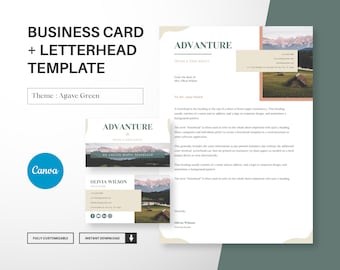 May include: A customizable business card and letterhead template with a green and brown color scheme. The template features a mountain landscape with a small cabin in the background. The text "ADVANTURE TRAVEL & TOUR AGENCY" is displayed on the business card and letterhead. The business card also includes the name "OLIVIA WILSON" and the title "TOUR GUIDE".