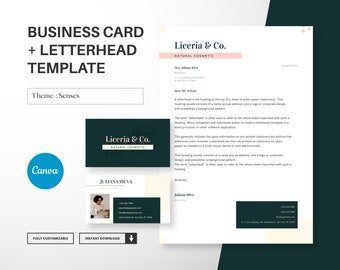 May include: A green and white business card template with the text "Liceria & Co. Natural Cosmetic" and the text "Juliana Silva Beauty Fare". The template is fully customizable and can be downloaded instantly.