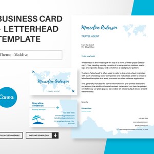Modello di biglietto da visita e carta intestata per viaggi d'affari, design moderno di biglietti, carta intestata A4 modificabile Canva, kit di branding, download istantaneo