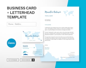 May include: A business card and letterhead template with a Maldives theme. The design includes a business card, letterhead, and a small card with a beach graphic. The text includes "Marceline Anderson, Travel Agent".