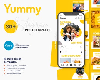 Instagram Post Template Canva — Yummy, Instagram Template Food, Social Media Branding, Food Blogger Posts, Small Business Marketing