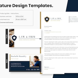 May include: A blue and white business card template for a law firm called "LAW & FIRM - LEGAL ADVICE & LAWYERS". The front of the card features a shield with a star and a gavel. The back of the card has a photo of a lawyer and contact information for Rachelle Beaudry, Divorce Lawyer.