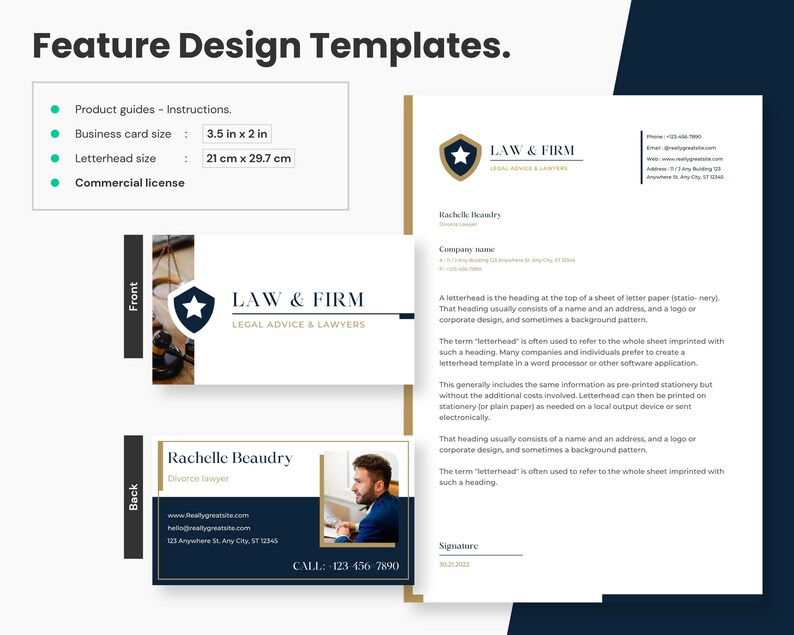 May include: A blue and white business card template for a law firm called "LAW & FIRM - LEGAL ADVICE & LAWYERS". The front of the card features a shield with a star and a gavel. The back of the card has a photo of a lawyer and contact information for Rachelle Beaudry, Divorce Lawyer.