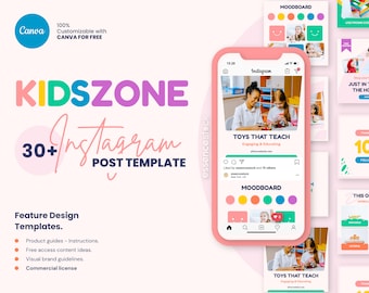 May include: A set of 30+ customizable Instagram post templates for kids. The templates feature bright colors, playful fonts, and images of children. The templates are perfect for promoting educational toys, children's clothing, or any other product or service related to kids.