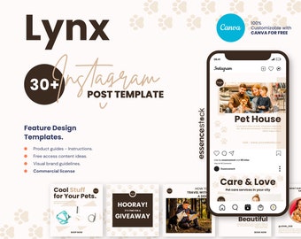 PET INSTAGRAM TEMPLATE — Lynx, Instagram Post for Pet Shop, Grooming Service, Cat & Dog Instagram, Social Media Posts, Canva, Small Business