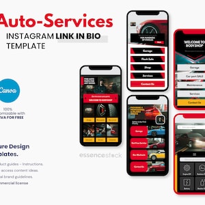 May include: A mockup of a mobile phone screen displaying a website for an auto repair shop. The website has a red and black colour scheme and offers a range of services, including garage, car part sales, maintenance, and services. The website also includes a contact us button. The text on the screen reads "Welcome to Bodyshop".