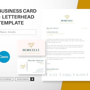 Modello di biglietto da visita e carta intestata per gioielli, design pulito e minimalista per biglietti da visita, carta intestata A4 modificabile Canva, download istantaneo