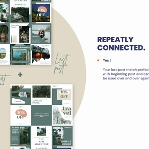 May include: A green and white graphic design template for social media featuring a grid of nine squares with images of nature, travel, and lifestyle. The text "REPEATLY CONNECTED." is displayed in blue with a red dot and the text "Yes!" below it. The text "Your last post match perfectly with beginning post and can be used over and over again!" is also displayed.