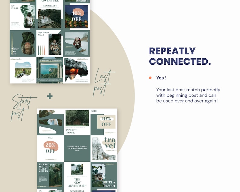May include: A green and white graphic design template for social media featuring a grid of nine squares with images of nature, travel, and lifestyle. The text "REPEATLY CONNECTED." is displayed in blue with a red dot and the text "Yes!" below it. The text "Your last post match perfectly with beginning post and can be used over and over again!" is also displayed.