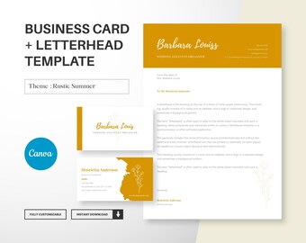 May include: A customizable business card and letterhead template with a rustic summer theme. The template features a yellow background with white text and a floral design. The text on the business card reads "Barbara Louiss, Wedding and Event Organizer". The text on the letterhead reads "Henrietta Anderson, Senior Photographer".