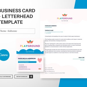 Modello di biglietto da visita e carta intestata, design divertente e colorato per biglietti da visita, carta intestata A4 modificabile Canva, kit di branding, download istantaneo