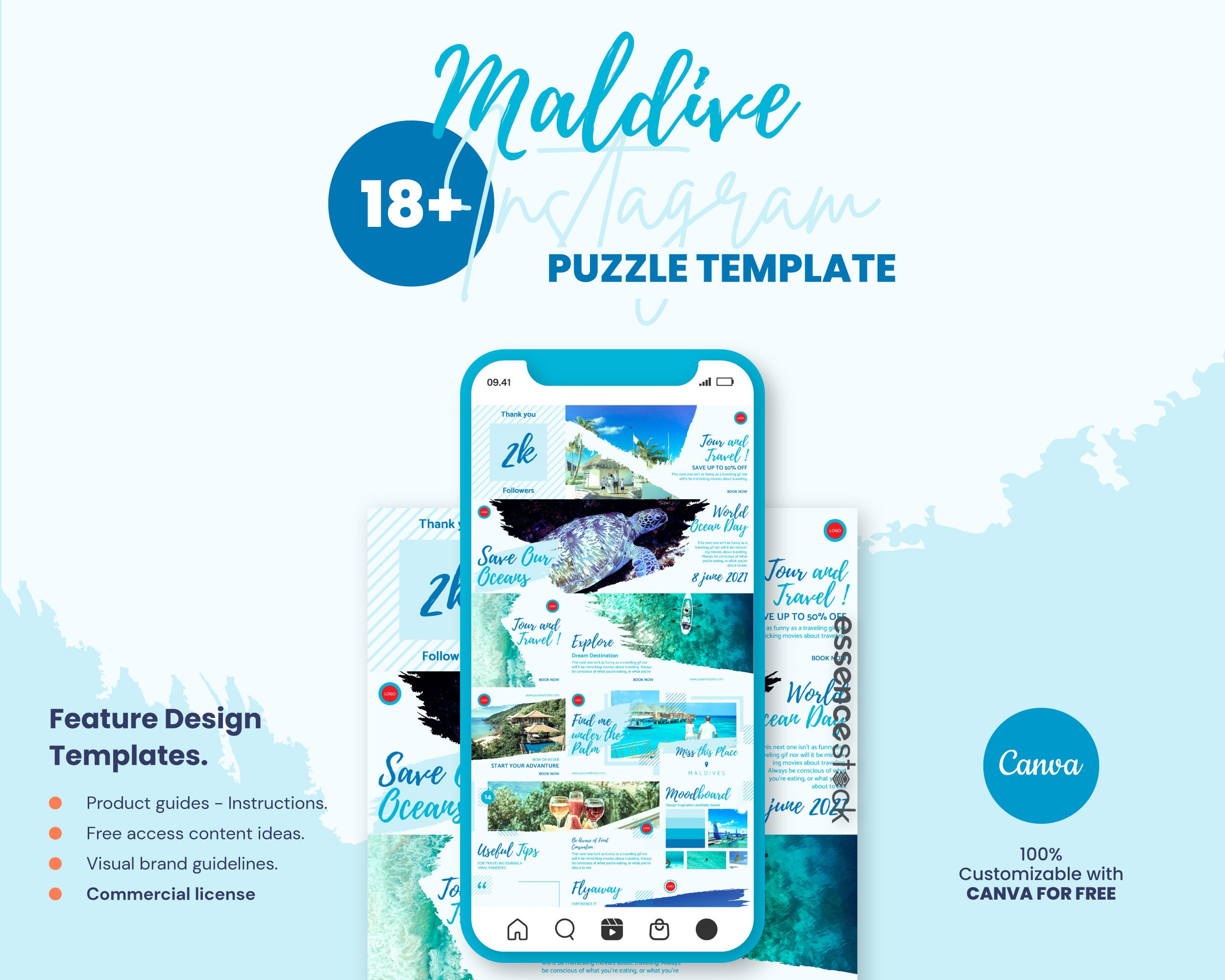 Travel Instagram Puzzle — Maldive, Travel Blogger, Blue Ocean, Small Business Branding, Adventure & Outdoor, Beach, Canva, IG Puzzle Feed