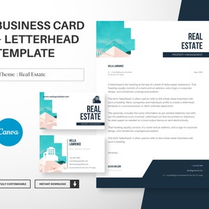 Modello di biglietto da visita e carta intestata per settore immobiliare, agente immobiliare, venditore di case Design moderno per biglietti, carta intestata A4 modificabile Canva, download istantaneo