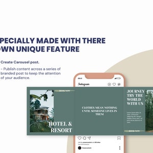 May include: Instagram carousel post for a hotel and resort. The first image shows a wooden cabin in the woods. The second image shows a green background with the text "Clothes mean nothing until someone lives in them." The third image shows a treehouse in the woods with the text "Journey try the world with us".