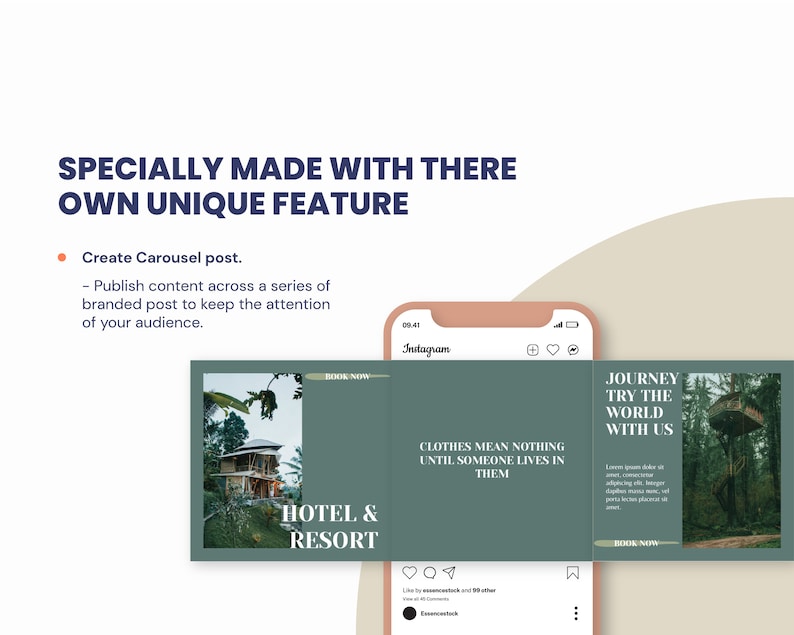 May include: Instagram carousel post for a hotel and resort. The first image shows a wooden cabin in the woods. The second image shows a green background with the text "Clothes mean nothing until someone lives in them." The third image shows a treehouse in the woods with the text "Journey try the world with us".