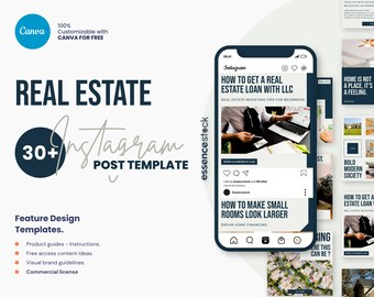 May include: A collection of 30+ Instagram post templates for real estate agents. The templates feature a modern design with a black and white color scheme. The text on the templates includes tips for real estate investing, how to get a real estate loan with an LLC, and how to make small rooms look larger.