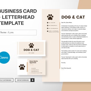 Modello di biglietto da visita e carta intestata per affari con animali domestici, design moderno di biglietti, carta intestata A4 modificabile Canva, kit di branding, download istantaneo