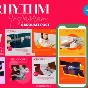 Pode incluir: Um modelo de post de carrossel do Instagram colorido com o texto "RHYTHM Instagram CAROUSEL POST" no topo. O modelo é dividido em oito seções, cada uma com uma cor diferente e um número. As seções são rotuladas como "Intro", "Pre-Chorus", "Chorus", "Verse", "Bridge" e "Outro". Cada seção inclui uma imagem ou gráfico diferente relacionado à música, como uma partitura, um microfone ou uma pessoa tocando um instrumento.