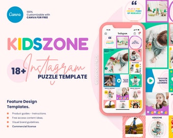 Instagram Puzzle Template — Kidszone, Colorful Instagram Template for Kid, Social Media Marketing, Pastel Rainbow, Colorful Branding, Bright