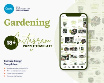 Green Instagram Puzzle — Gardening, Instagram Template for Florist, Gardener, Floral, Nature, Botanical Flower, Plant, Blogger, Marketing