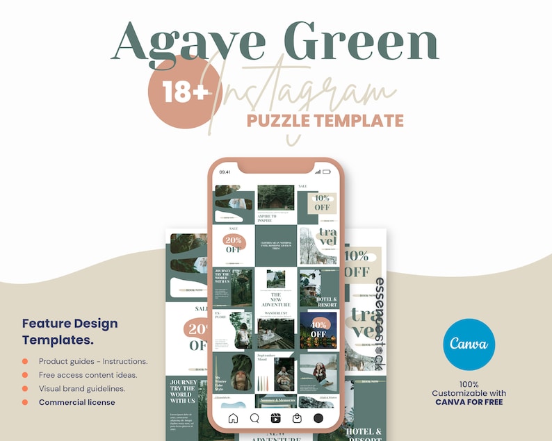 May include: Agave Green Instagram puzzle template with 18 squares. The template features a green and brown color scheme with images of nature and travel. The text "10% OFF" and "20% OFF" appears on some of the squares. The template is customizable with Canva for free.