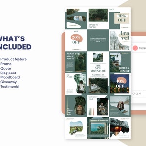 May include: A green and white Instagram grid template with images of nature and travel. The text "What's Included" is listed with bullet points of features such as product feature, promo, quote, blog post, moodboard, giveaway, and testimonial. The grid also includes text such as "Aspire to Inspire", "Journey thy the world with us", "The New Adventure Wanderlust", "Hotel & Resort", "Sale 10% Off", "Sale 20% Off", and "40% Off".