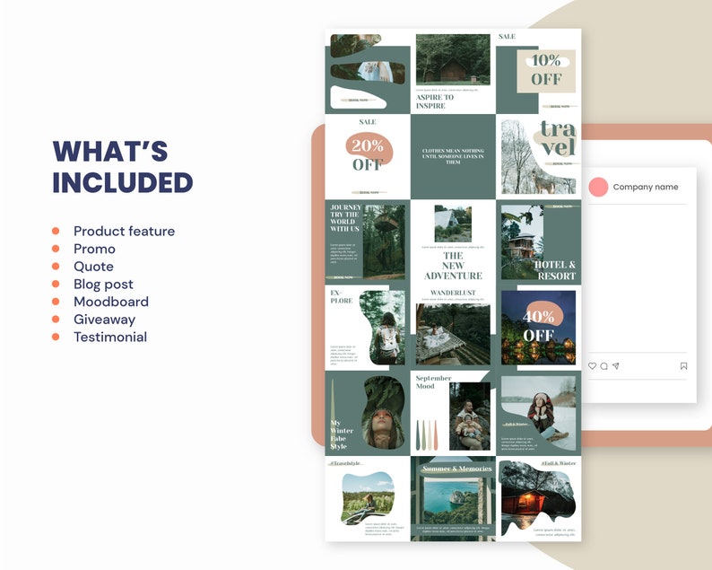 May include: A green and white Instagram grid template with images of nature and travel. The text "What's Included" is listed with bullet points of features such as product feature, promo, quote, blog post, moodboard, giveaway, and testimonial. The grid also includes text such as "Aspire to Inspire", "Journey thy the world with us", "The New Adventure Wanderlust", "Hotel & Resort", "Sale 10% Off", "Sale 20% Off", and "40% Off".