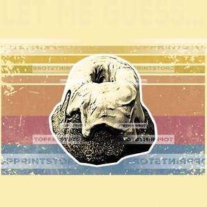 May include: A digital art print featuring a stylized, textured image of a head with a hole in the center, set against a background of horizontal stripes in muted colors. The text "LET ME GUESS..." is at the top.