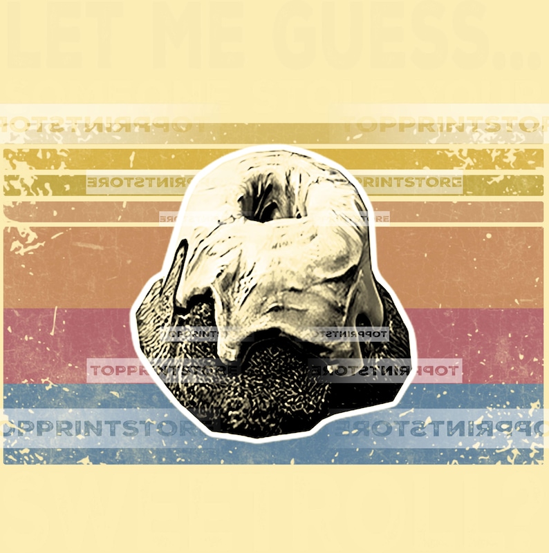 May include: A digital art print featuring a stylized, textured image of a head with a hole in the center, set against a background of horizontal stripes in muted colors. The text "LET ME GUESS..." is at the top.