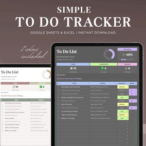 Può includere: Un tracker digitale per elenchi di cose da fare visualizzato su due tablet, con un'interfaccia grigio scuro e accenti viola, blu e verdi. Lo schermo mostra elenchi di attività, grafici di avanzamento e note. Testo: SIMPLE TO DO TRACKER, GOOGLE SHEETS & EXCEL.