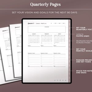 May include: A digital planner interface displaying Quarterly Pages with sections for January through March 2022. The layout includes calendars, goal tracking, project lists, and note grids. A sidebar provides navigation tabs for months and quarters.