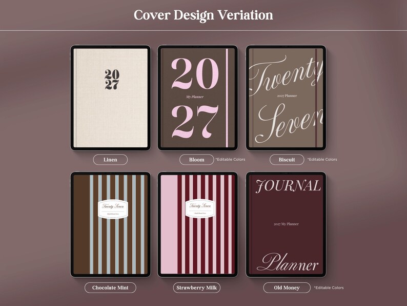 May include: Six digital planner cover designs labeled Cover Design Variation. The designs include a linen texture with 2027, a brown cover with large pink 2027 text, a brown cover with Twenty Seven script, striped covers in brown-blue and pink-maroon, and a dark brown journal cover.