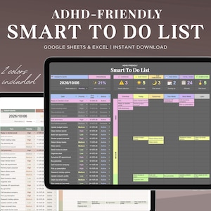 ADHD Friendly Smart To-Do Tracker, Automatic task dashboard, Google Sheets, Excel
