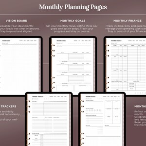 May include: A set of five digital monthly planning pages featuring sections for Vision Board, Monthly Goals, Monthly Finance, Monthly Trackers, and Monthly Review. Each page includes headers, blank fields, and tables for organizing tasks, habits, and financial data.