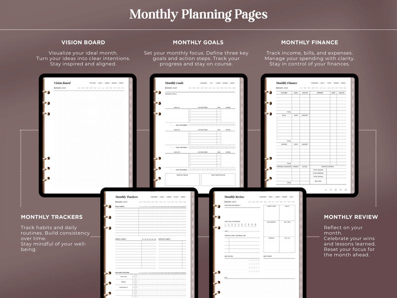 May include: A set of five digital monthly planning pages featuring sections for Vision Board, Monthly Goals, Monthly Finance, Monthly Trackers, and Monthly Review. Each page includes headers, blank fields, and tables for organizing tasks, habits, and financial data.