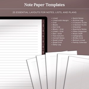 May include: Digital note paper templates featuring 25 layouts for notes, lists, and plans. The display shows a lined page with side tabs, while a list of options includes Lined, Grid, Dot Grid, Checklist, and others on a brown background.