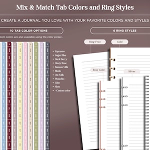 May include: A digital journal customization guide featuring text Mix & Match Tab Colors and Ring Styles. It displays 10 tab color options including Espresso, Sugar Blue, Dark Berry, Dusty Rose, Banana Milk, Blush, Oat Milk, Pistachio, Lilac, and Slate.